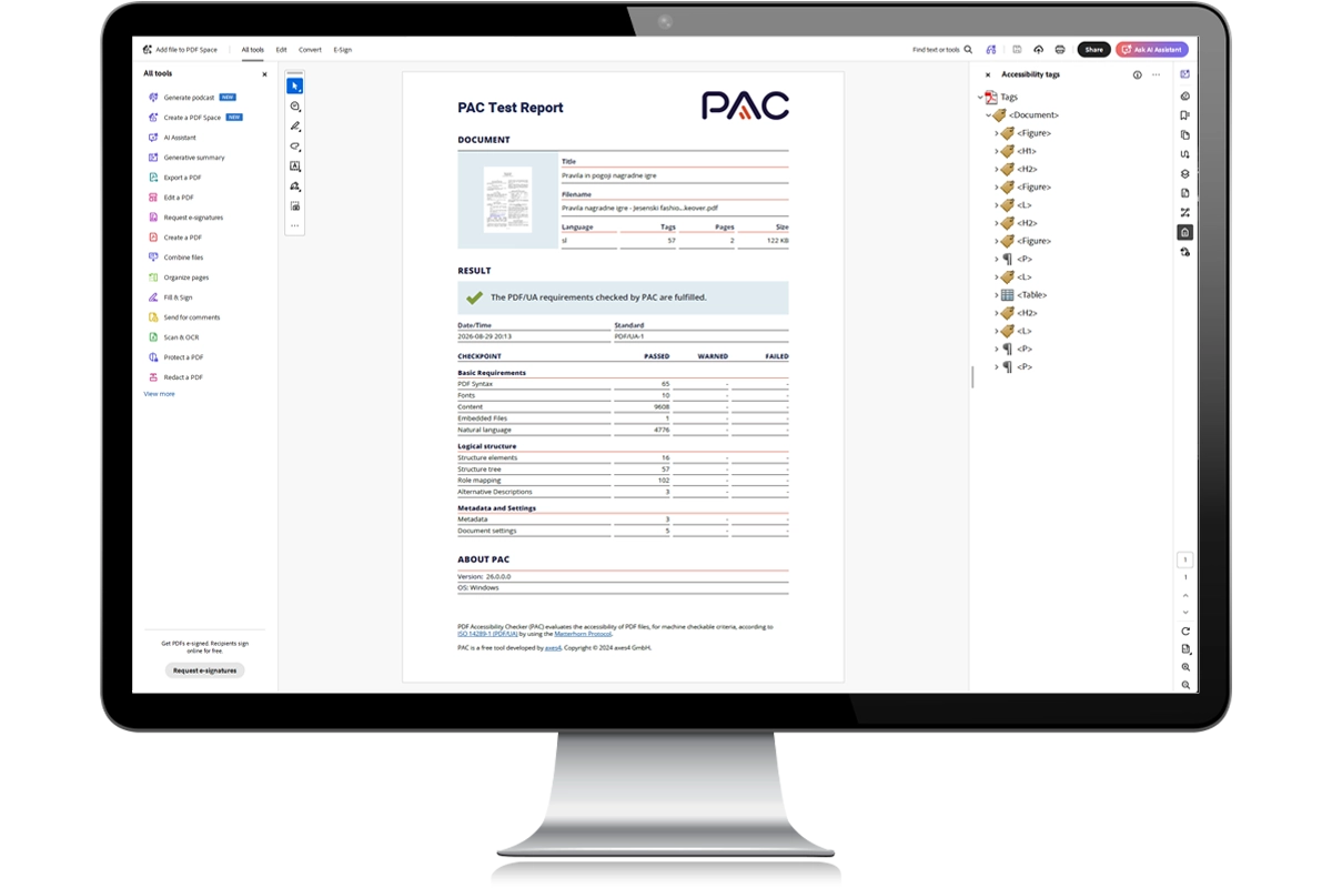 Preverjanje dostopnosti PDF dokumenta v orodju PAC