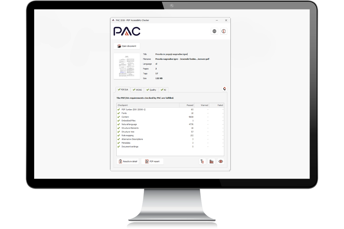 Preverjanje dostopnosti PDF dokumenta v orodju PAC za odkrivanje napak in opozoril